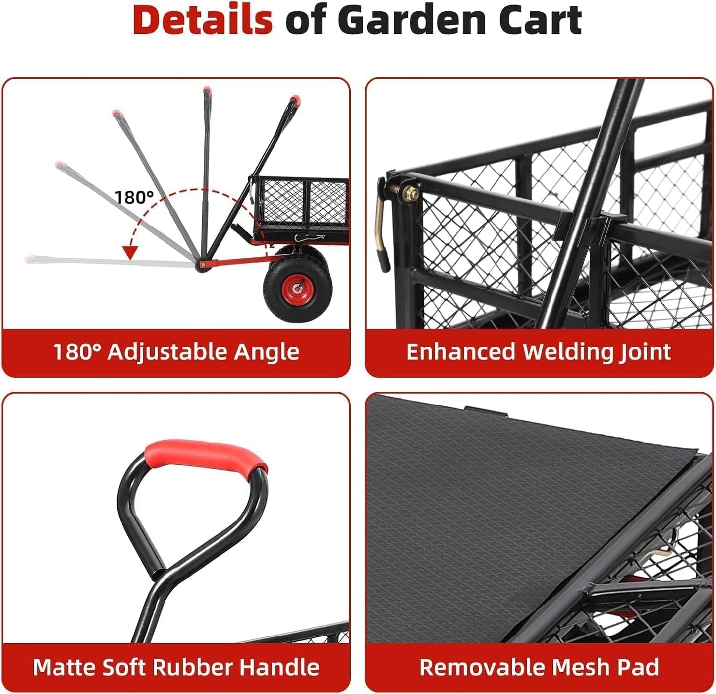 880 Lb Tire Steel Garden Dump Cart, Heavy-Duty Dump cart Wagon and Wagons with 4-Side Removable Mesh and 180° Swivel Handle, 10" Tires, Patio Dump Cart Utility Wagon, Metal Push Trolley