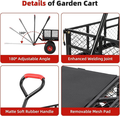 880 Lb Tire Steel Garden Dump Cart, Heavy-Duty Dump cart Wagon and Wagons with 4-Side Removable Mesh and 180° Swivel Handle, 10" Tires, Patio Dump Cart Utility Wagon, Metal Push Trolley