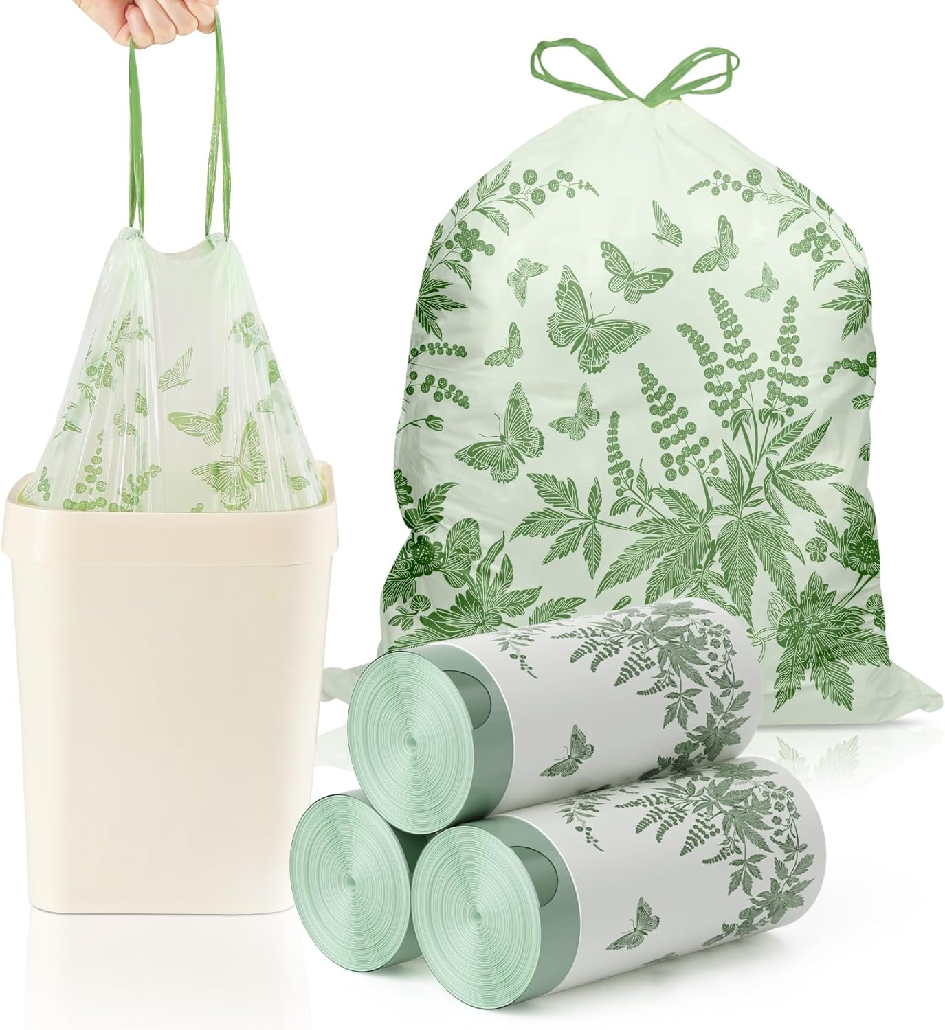 VOK 8 Gallon Trash Bags with Butterfly Printed & Sweet Wormwood Scent, Drawstring Medium Garbage Bags, Tear-Resistant & Fragrant Trash Can Liners, Trash Bags 8 Gallon for Home/Office, 75 Counts