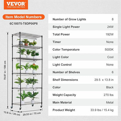 VEVOR DIY Plant Stand with Grow Light, 6-Tier Large Tall Plant Shelf with 192W 5000K Full Spectrum Grow Lights, Indoor Grow Light Shelf with Wheels for Seed Starting 29.5" L x 13.8" W x 70.9" H