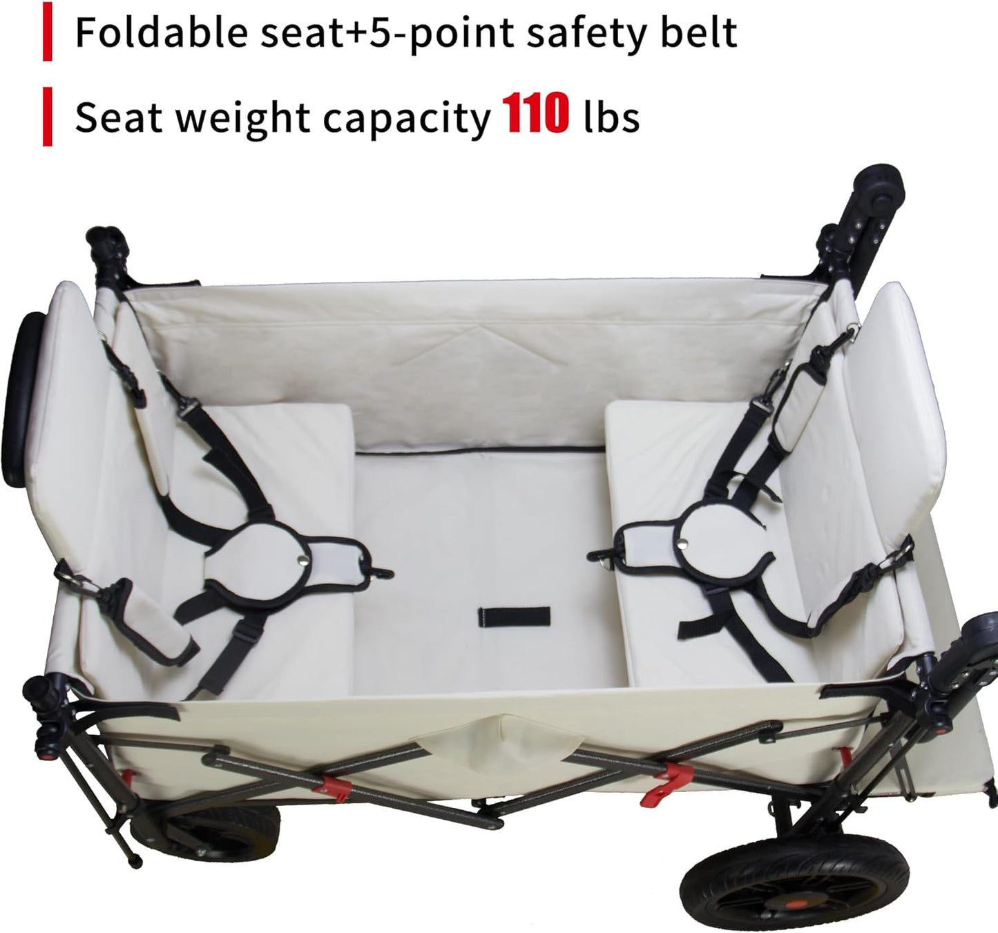Collapsible Foldable Wagon Cart with Quick-Release Wheels & 2 Seats - Heavy-Duty Utility Wagon 265LBS Capacity for Camping, Garden, Shopping (Beige)