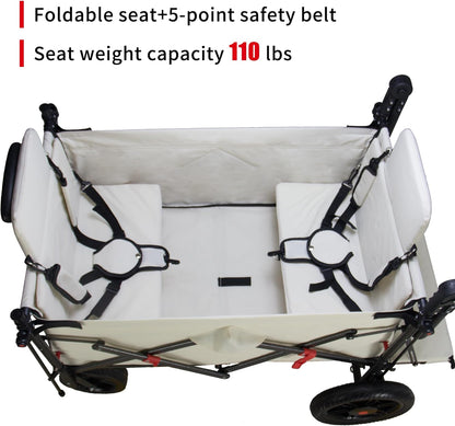 Collapsible Foldable Wagon Cart with Quick-Release Wheels & 2 Seats - Heavy-Duty Utility Wagon 265LBS Capacity for Camping, Garden, Shopping (Beige)