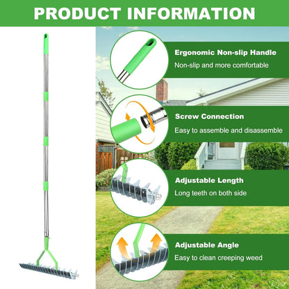 Thatch Rake, 66 Inch Long Dethatching Rake with 12.4 Inch Wide Double Sided Steel Teeth, Heavy Duty Garden Rakes with Efficient Metal Handle for Cleaning Grass, Loosening Lawn Soil