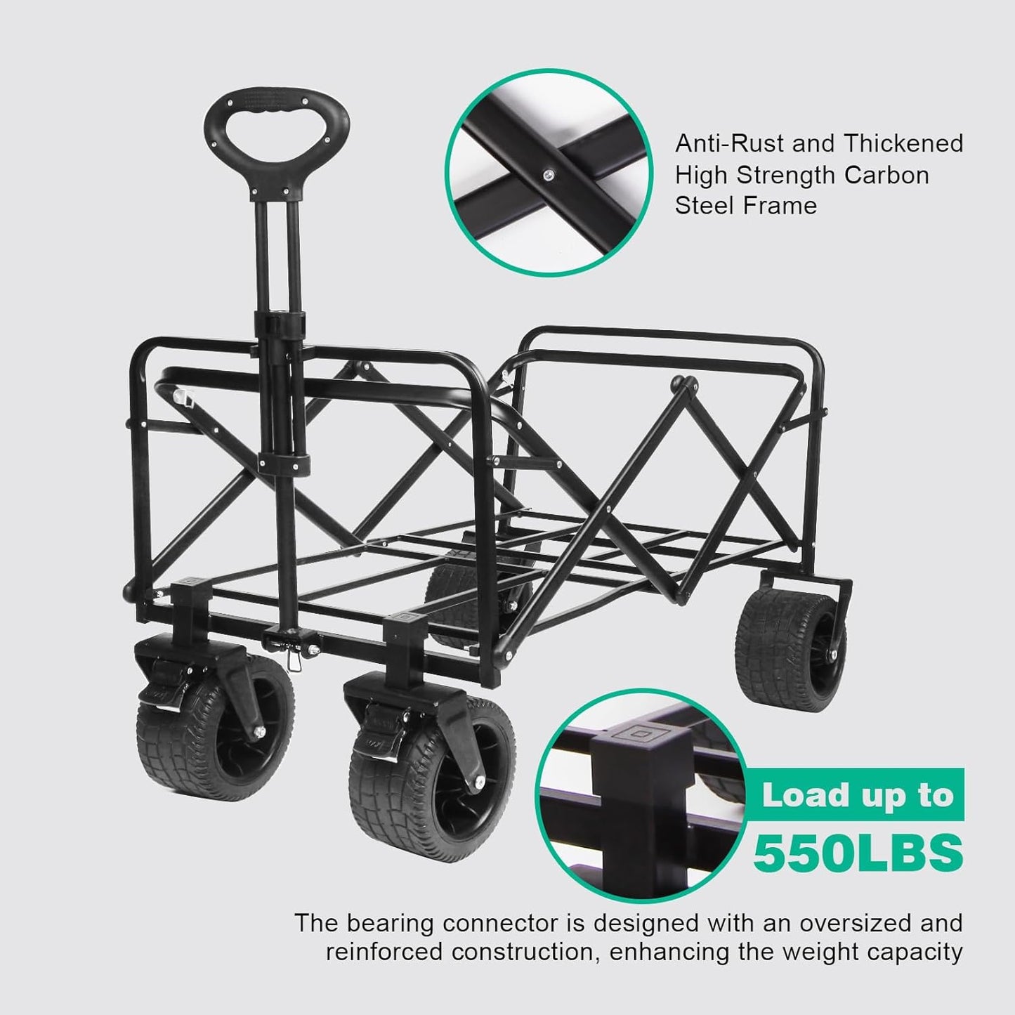 MMQ Heavy-Duty Folding 550 Lbs Collapsible Wagon with Big Wheels - Robust Construction, Spacious Interior, Adjustable Rolling Carts, Outdoor Folding Camping Wagons, Portable Utility Cart (Black)