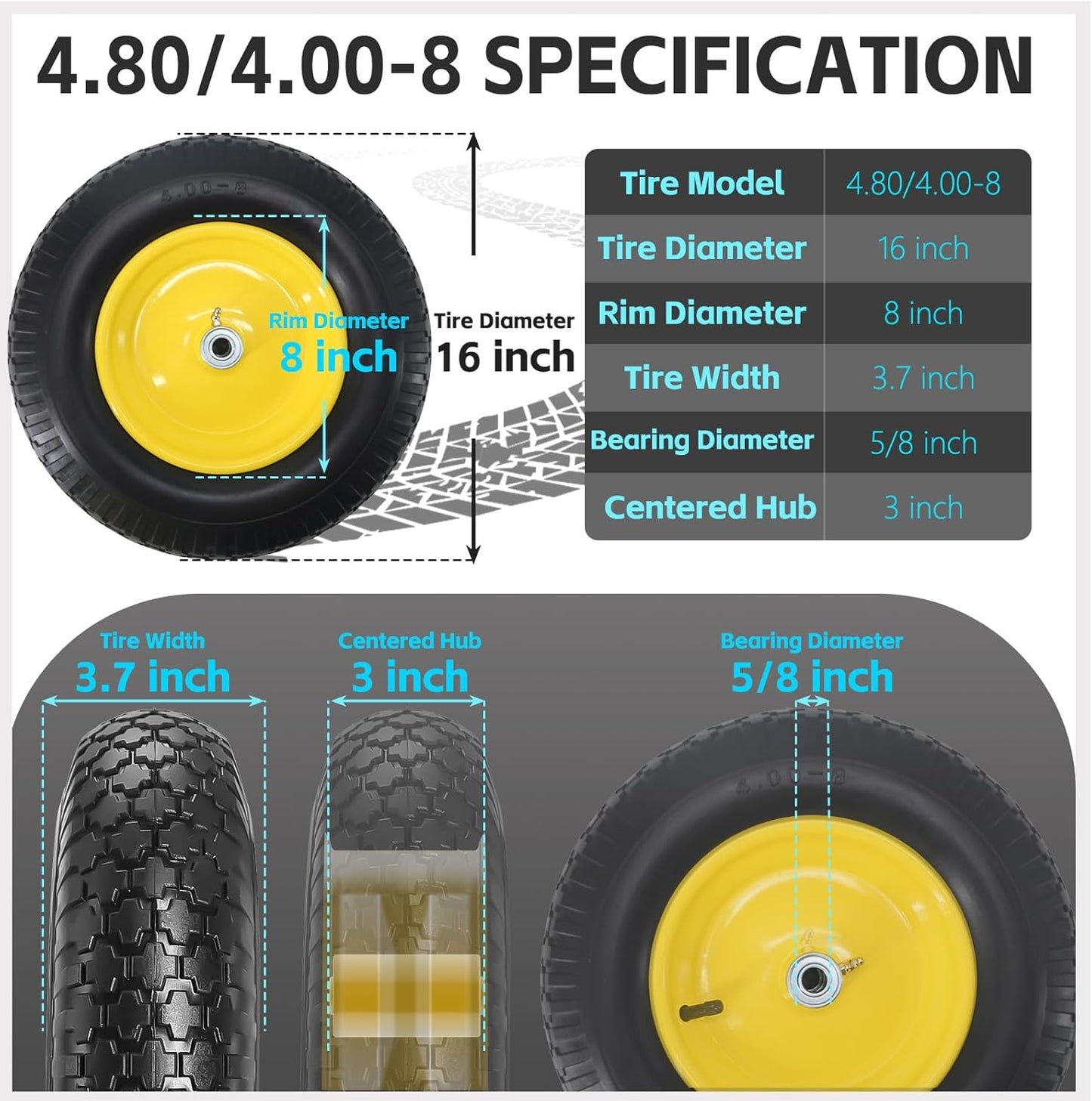 16" 4.80/4.00-8" Flat-Free Solid Wheelbarrow Wheel and Tire, 3"-7"Centered Hub with 5/8"&3/4" Bearings for Wheelbarrows Utility Cart Lawn Dollies