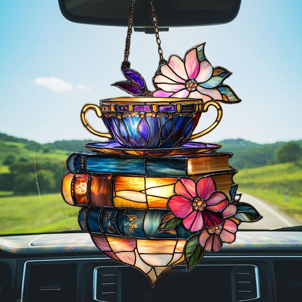 Floral Coffee Cup and Books Acrylic Suncatcher Stained Glass Effect Window Car Hanging Christmas Ornament Indoor Outdoor Decor Garden Sun Catcher Panel for Book Lover for Women Mom Grandma