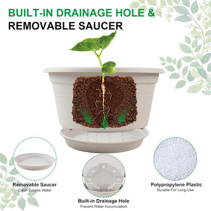 Large 4 Pack 13 inch Plant Pots, Round Plastic Pots for Plants, Outdoor Planters with Drainage Hole & Tray Saucer, Decoration Large Flower Pots for Indoor Outdoor Garden Home Plants (Gray White)
