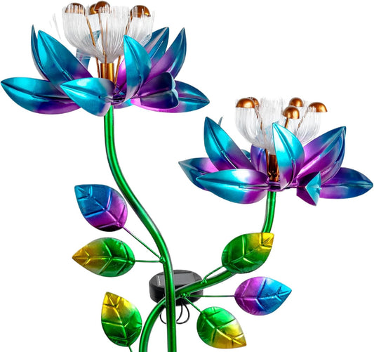 55'' Solar Powered Kinetic Wind Spinner Sculpture Blue Lotus Metal Stake Spinner for Patio, Lawn