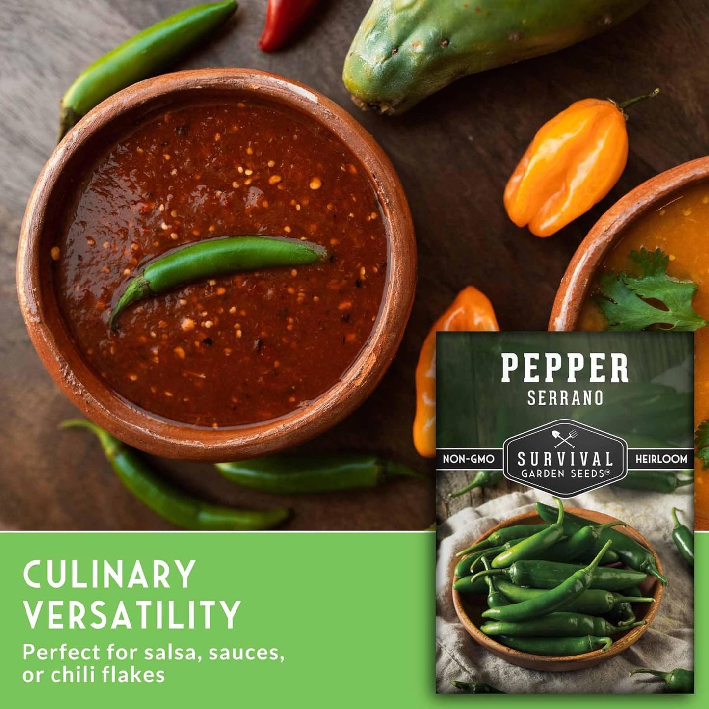 Mexican Serrano Pepper Seeds for Planting | Fresh Hot Chili & Green Hot Pepper Seeds – Heirloom Non-GMO Variety for Sauce, Salsa & Pickling – Survival Garden Seeds (3 Packs)