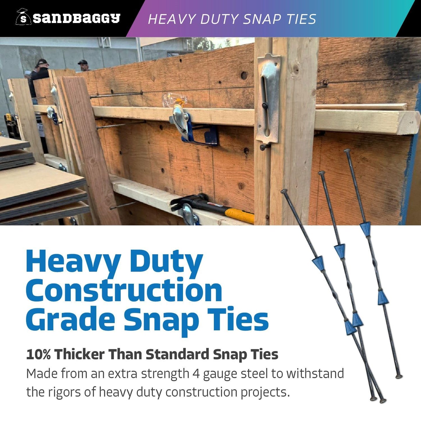 8" x 4 ¾" Heavy Duty Snap Ties for Concrete Forms - 3,350 lbs Safe Working Load (2:1 Safety Factor) - 1" Plastic Cones, Integral Heads - Construction Grade 4 Gauge Steel (Short End, 300, Count)