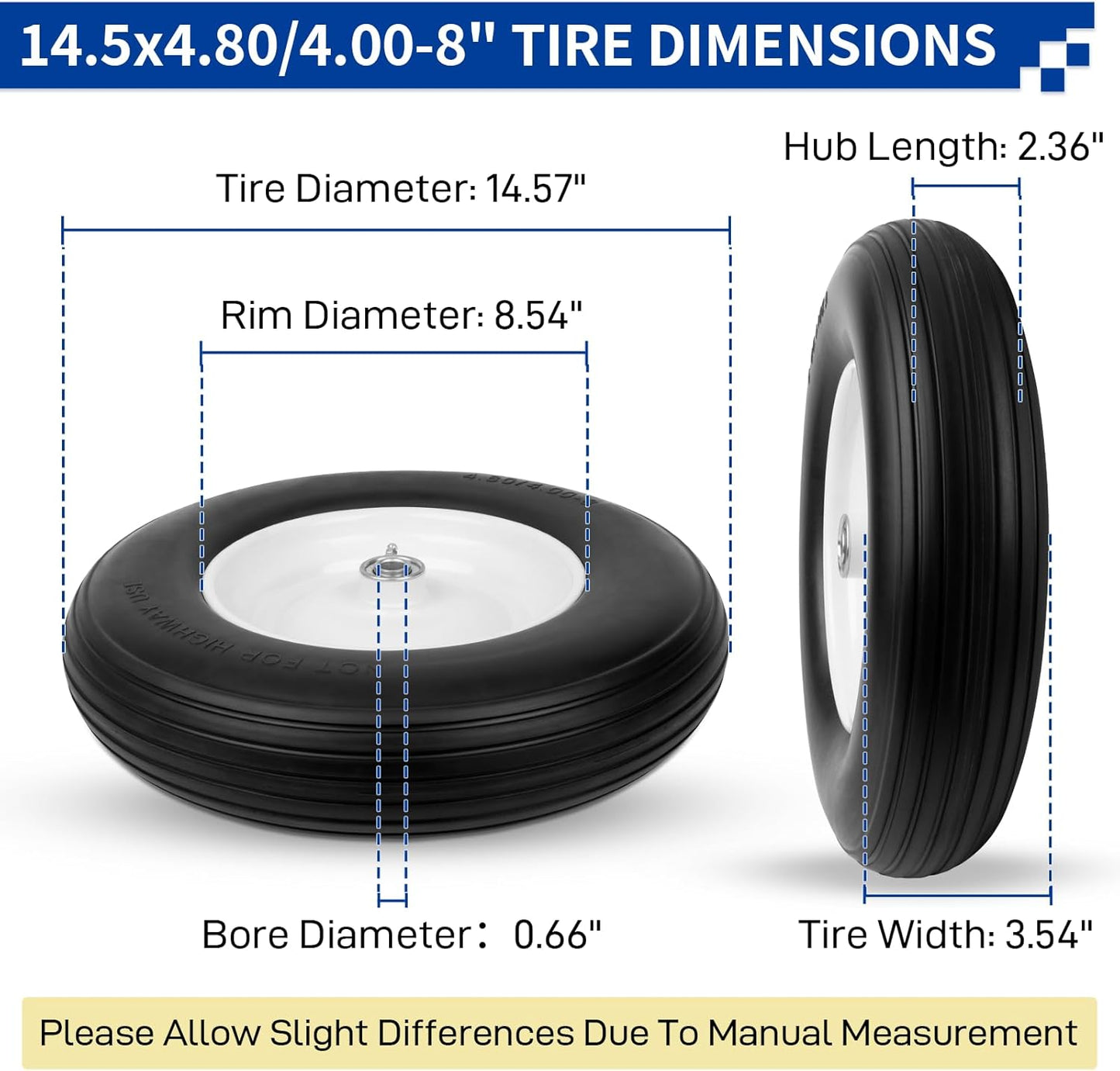 14.5'' Wheelbarrow Tires, 4.80/4.00-8 Solid Flat Free Tire Wheel with 3/4" & 5/8" Bearing, 3"-7'' Hub, Universal Replacement Solid Tire for Hand Truck/Utility Cart Fits 3.50/2.50-8, 4.00-6