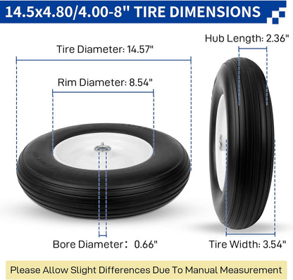 14.5'' Wheelbarrow Tires, 4.80/4.00-8 Solid Flat Free Tire Wheel with 3/4" & 5/8" Bearing, 3"-7'' Hub, Universal Replacement Solid Tire for Hand Truck/Utility Cart Fits 3.50/2.50-8, 4.00-6
