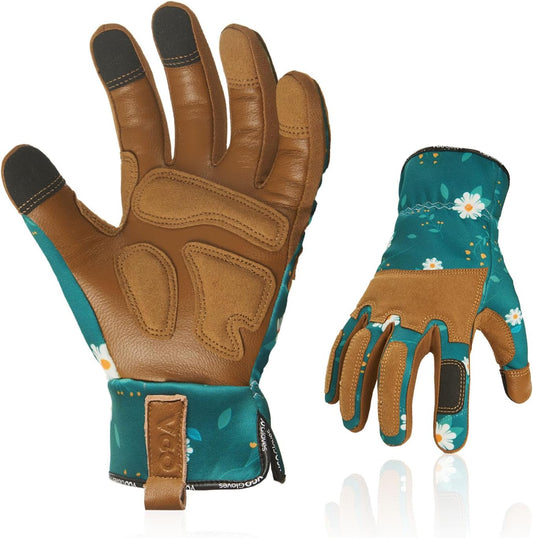 Vgo... 1Pair Gardening Gloves for Women, Goatskin leather Thorn Proof Working Gloves for Weeding, Digging, Raking, Pruning and Planting,Touchscreen(L,Dark Green,GA7471)
