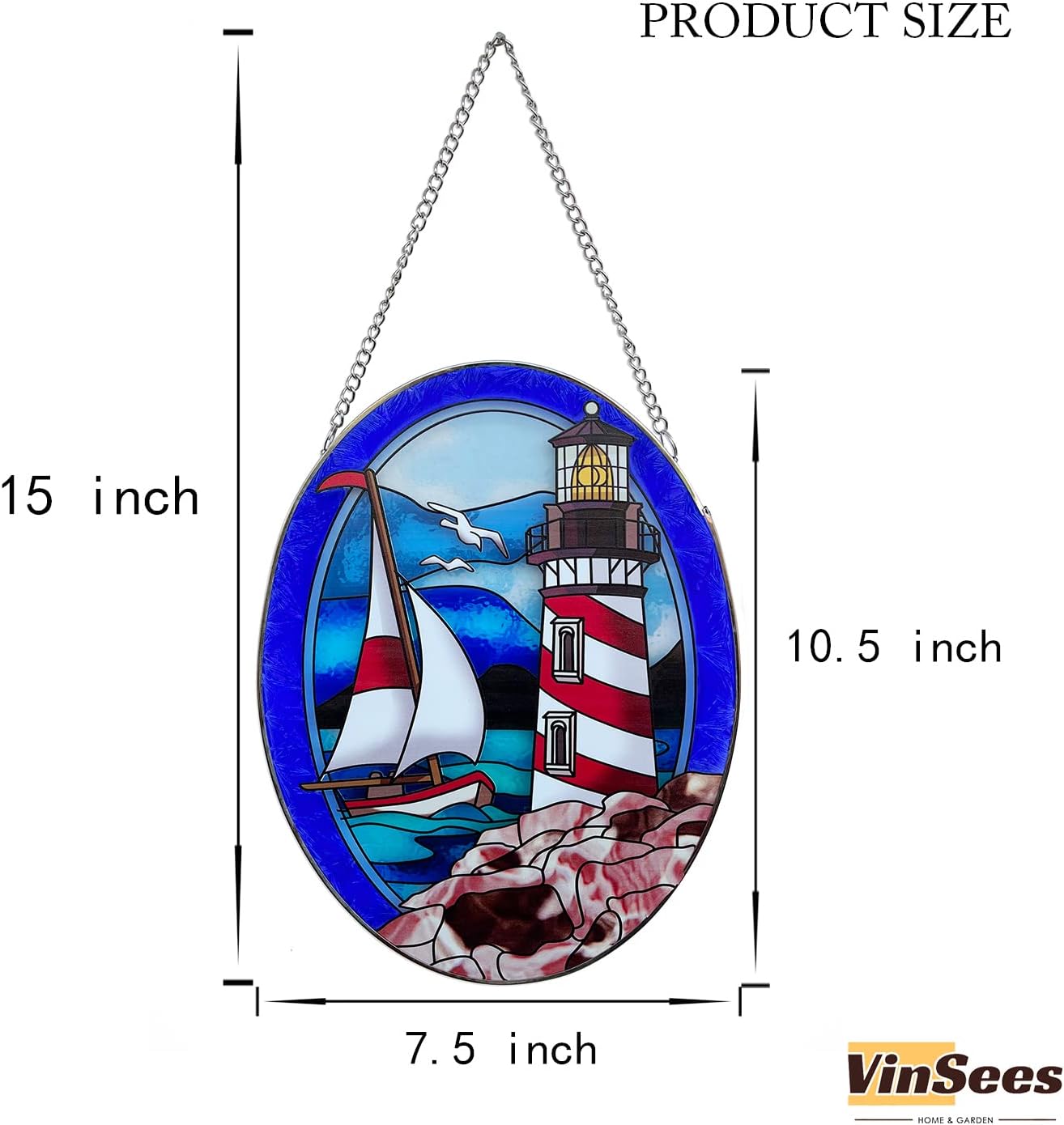 Pigeon Point Lighthouse Stained Glass Window Hanging, Suncatcher Home Decor with Chains, Suncatcher for Windows, Colorful Glass Ornament, Indoor Outdoor Home Decor Garden Decoration