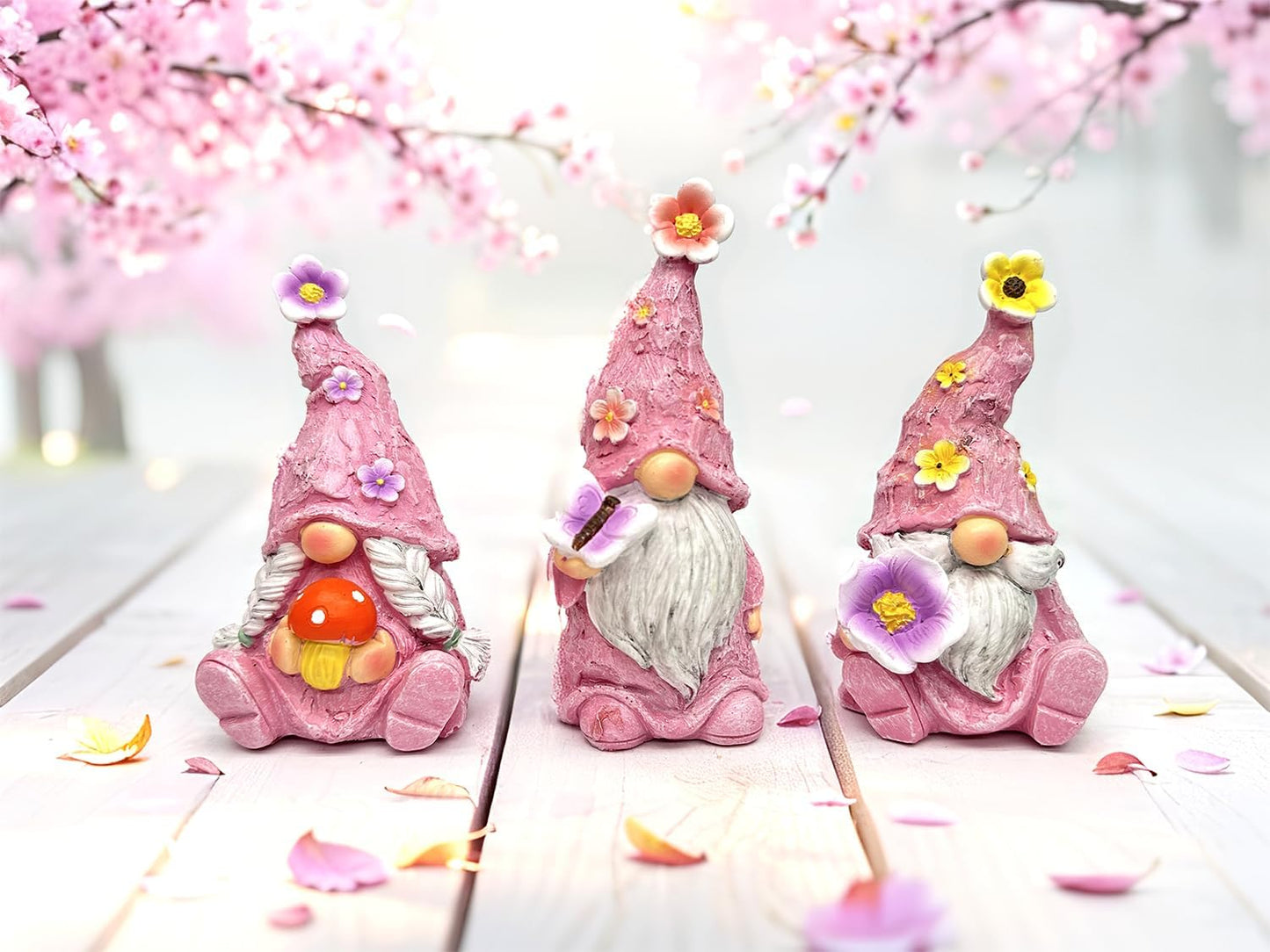 Gnome Decoration Figurine Outdoor Statue Resin 3pcs Flowers Spring Gnomes, Home Decoration Ornaments for Desktop Bookshelves Courtyard Garden Gift (Pink)