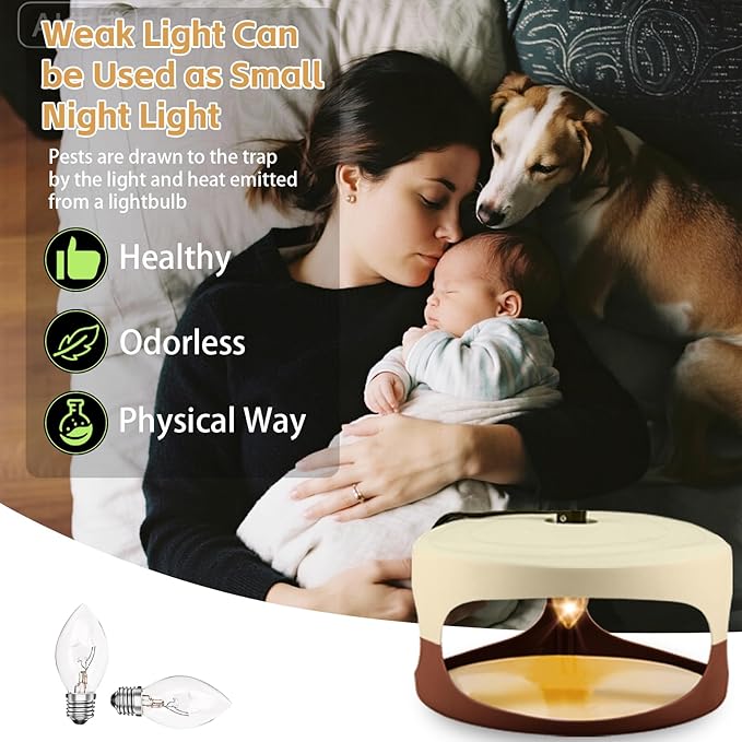 Flea Trap 4 Packs-Flea Traps for Inside Your Home, Friendly Light Trap for Indoor & Garage with 12 Sticky Disc 12 Bulbs 4 Electric Wires Bed Bug with Light for Indoor Safe to Pets & Human (Brown)