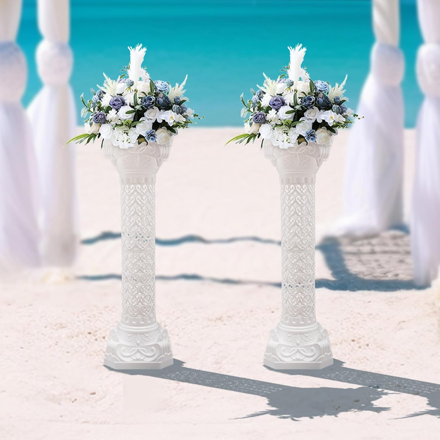 Roman Column Pedestal, Plastic White Columns for Weddings Indoor/Outdoor Roman Pillar Stand for Table Sculptures, Vase, Garden Decor (2PCS, 10.6 x 34.6 Inch Fretwork)