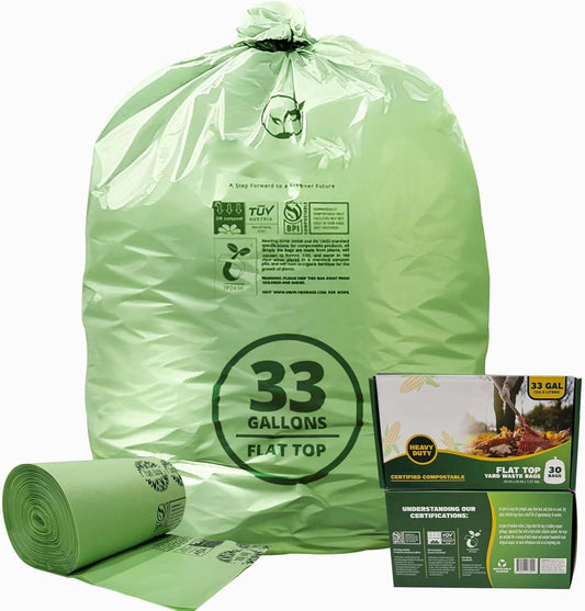 30-33 Gallon Compostable Trash Bags with Flat-Top, Heavy Duty Extra Thick 1.57 Mil, 124.92 Liter