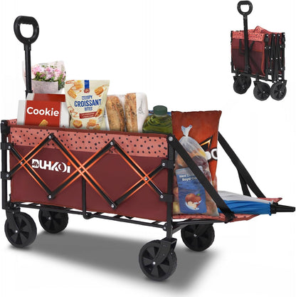 Collapsible Tailgate Wagon with Wheels, Compact Size Folding Utility Cart, 380LBS Capacity for Garden, Grocery, Beach, Camping – Portable Heavy Duty Cart(Brick Dot)