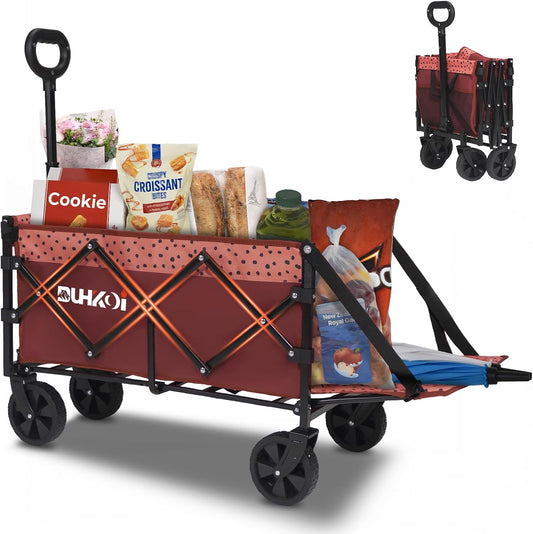 Collapsible Tailgate Wagon with Wheels, Compact Size Folding Utility Cart, 380LBS Capacity for Garden, Grocery, Beach, Camping – Portable Heavy Duty Cart(Brick Dot)