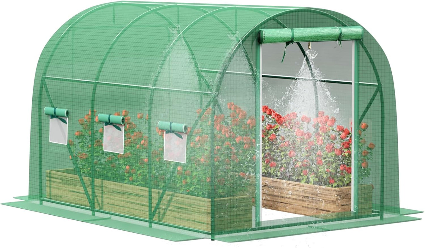 Greenhouse with Watering System, 12x7x7 Outdoor Greenhouse with 6 Mesh Windows and 1 Door, Easy Water and Irrigate Plants Green House (Green, 12x7x7 ft w/ Irrigation System)