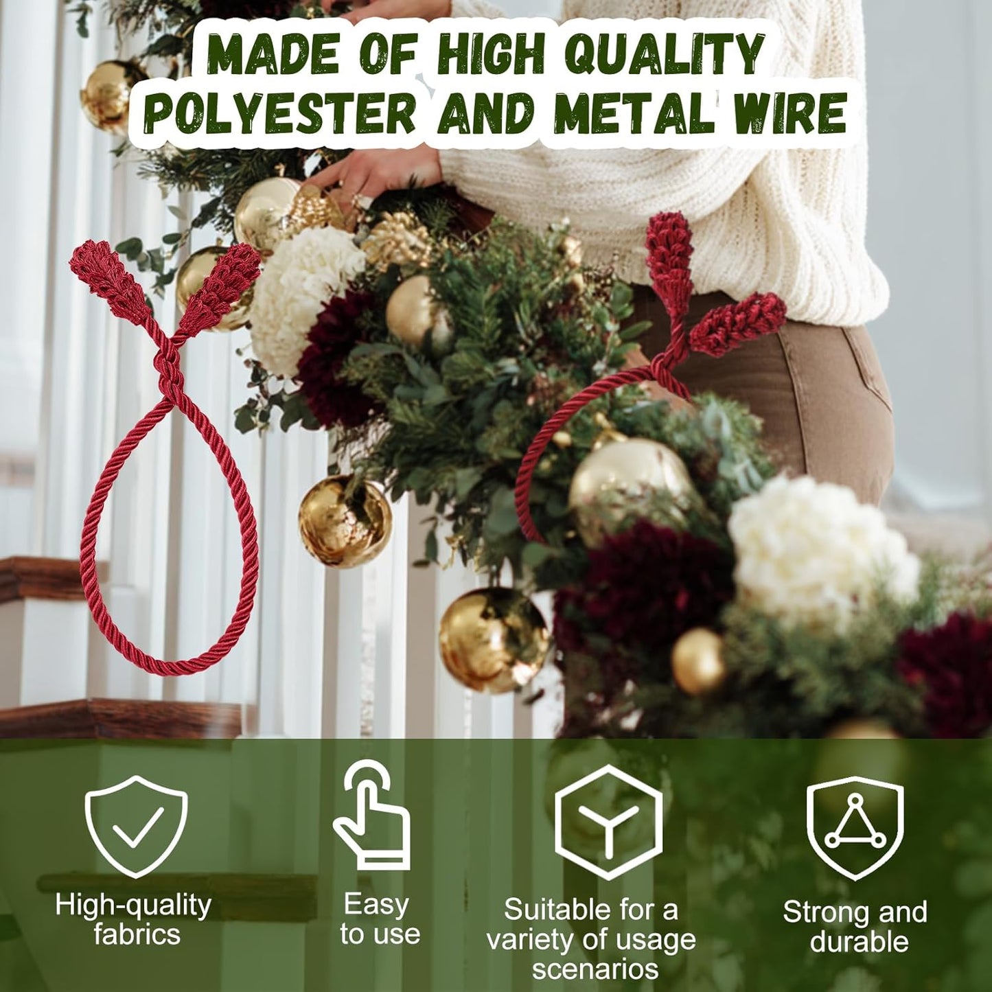 Shappy 24 Pieces Christmas Garland Banister Ties Christmas Decorative Reusable and Flexible Twist Ties for Garland, Banister Home Decoration (Burgundy)