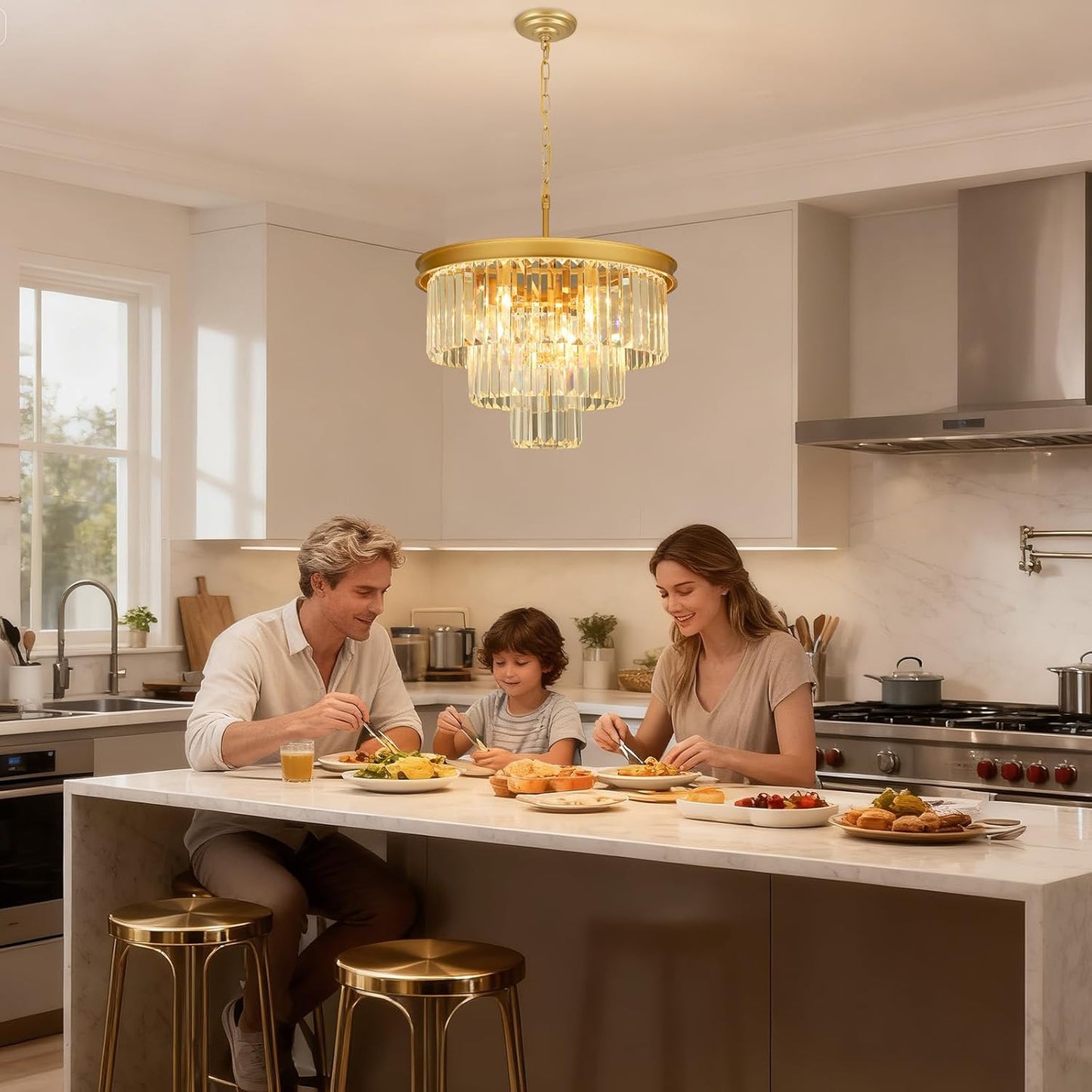 Crystal Chandeliers for Dining Room Lights Fixtures, 9 Lights Gold Modern Chandeliers for Bedroom, 3-Tier Round Crystal Lighting Fixtures for Living Room Entryway Kitchen Island D20 Inch