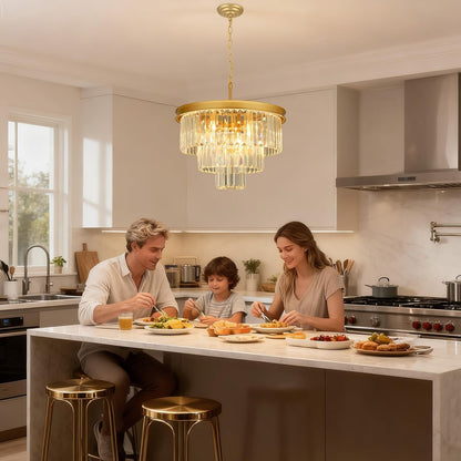 Crystal Chandeliers for Dining Room Lights Fixtures, 9 Lights Gold Modern Chandeliers for Bedroom, 3-Tier Round Crystal Lighting Fixtures for Living Room Entryway Kitchen Island D20 Inch