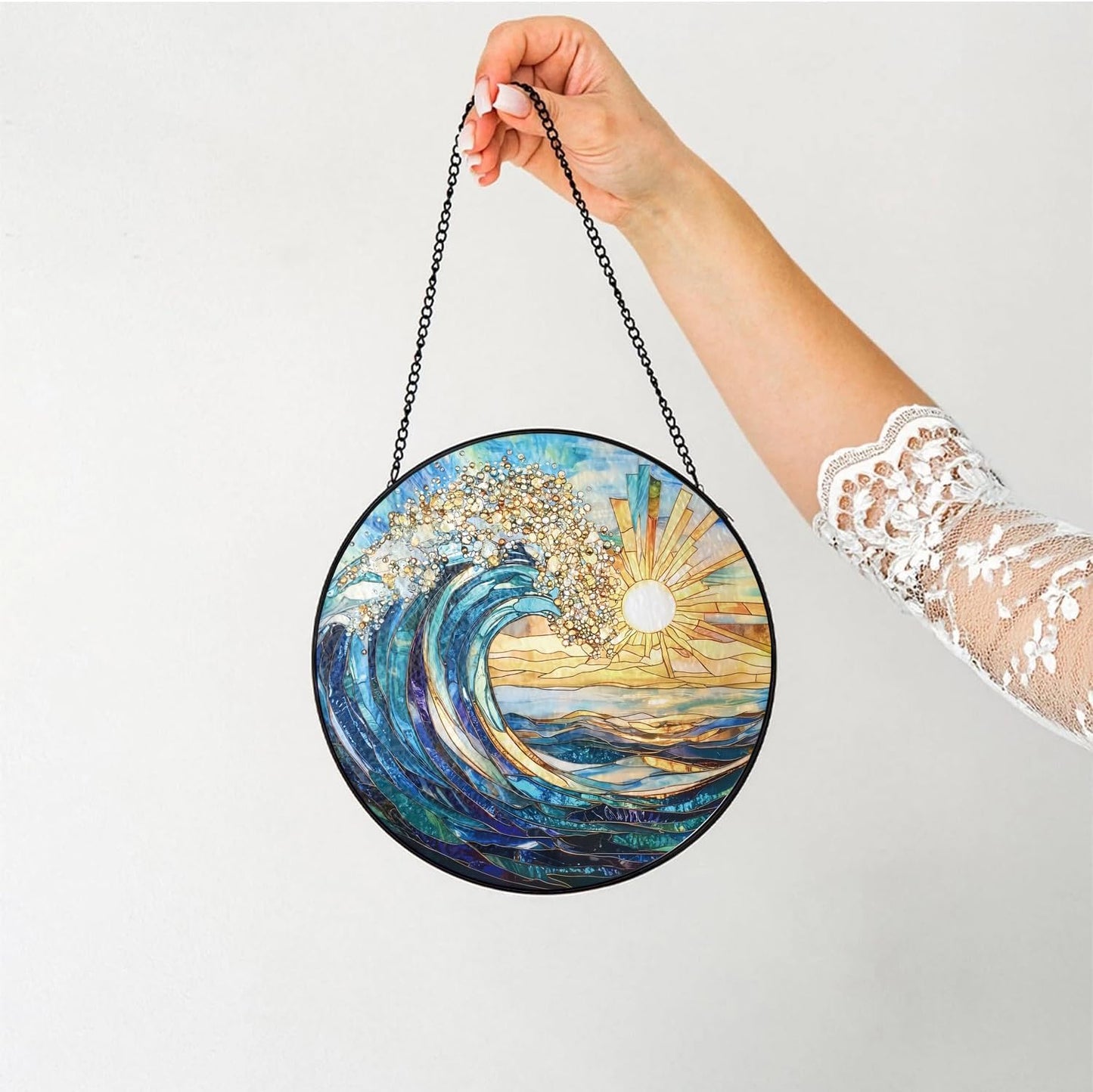 The Ocean Waves and The Sunrise Suncatcher -7.9 in Stained Glass Window Hanging Sun Catcher Garden Decor