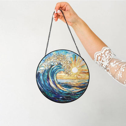 The Ocean Waves and The Sunrise Suncatcher -7.9 in Stained Glass Window Hanging Sun Catcher Garden Decor