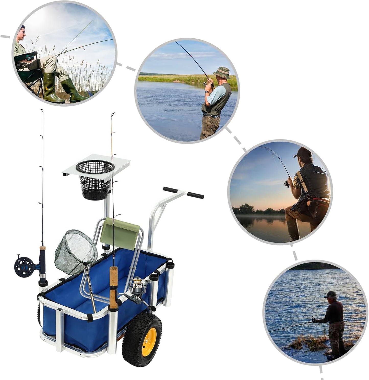 Outdoor Fishing Cart, Aluminum Frame and Trolley Folding Garden Beach Cart Outdoor Camper with 4 Holes and Wheels Capacity 176.4 lbs (Silver and Blue)