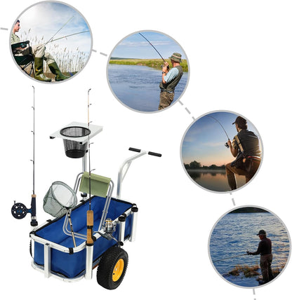 Outdoor Fishing Cart, Aluminum Frame and Trolley Folding Garden Beach Cart Outdoor Camper with 4 Holes and Wheels Capacity 176.4 lbs (Silver and Blue)