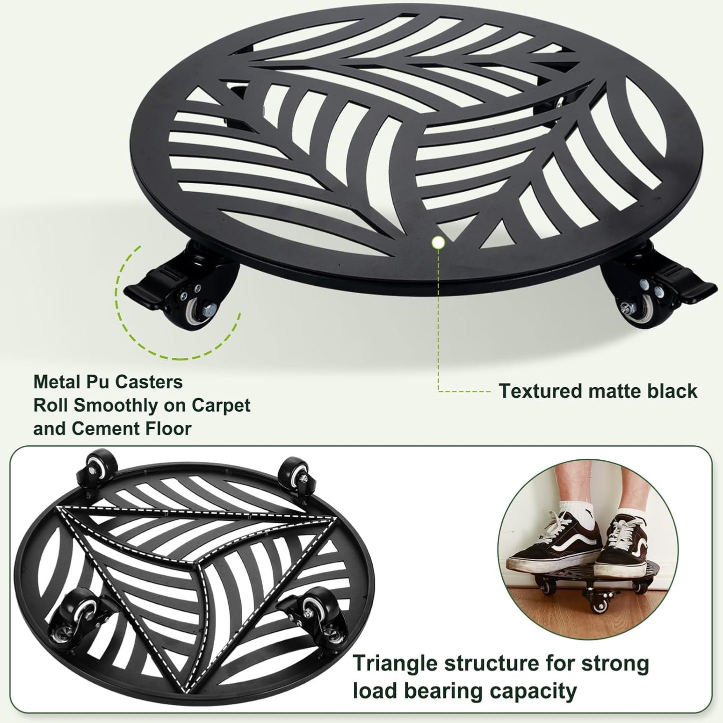 Planterhoma 2 Packs 16 Inch Extra-Large Metal Plant Caddy with Wheels - Heavy-Duty Iron Rolling Plant Stand - 360 Locking Wheels - Indoor/Outdoor - Black