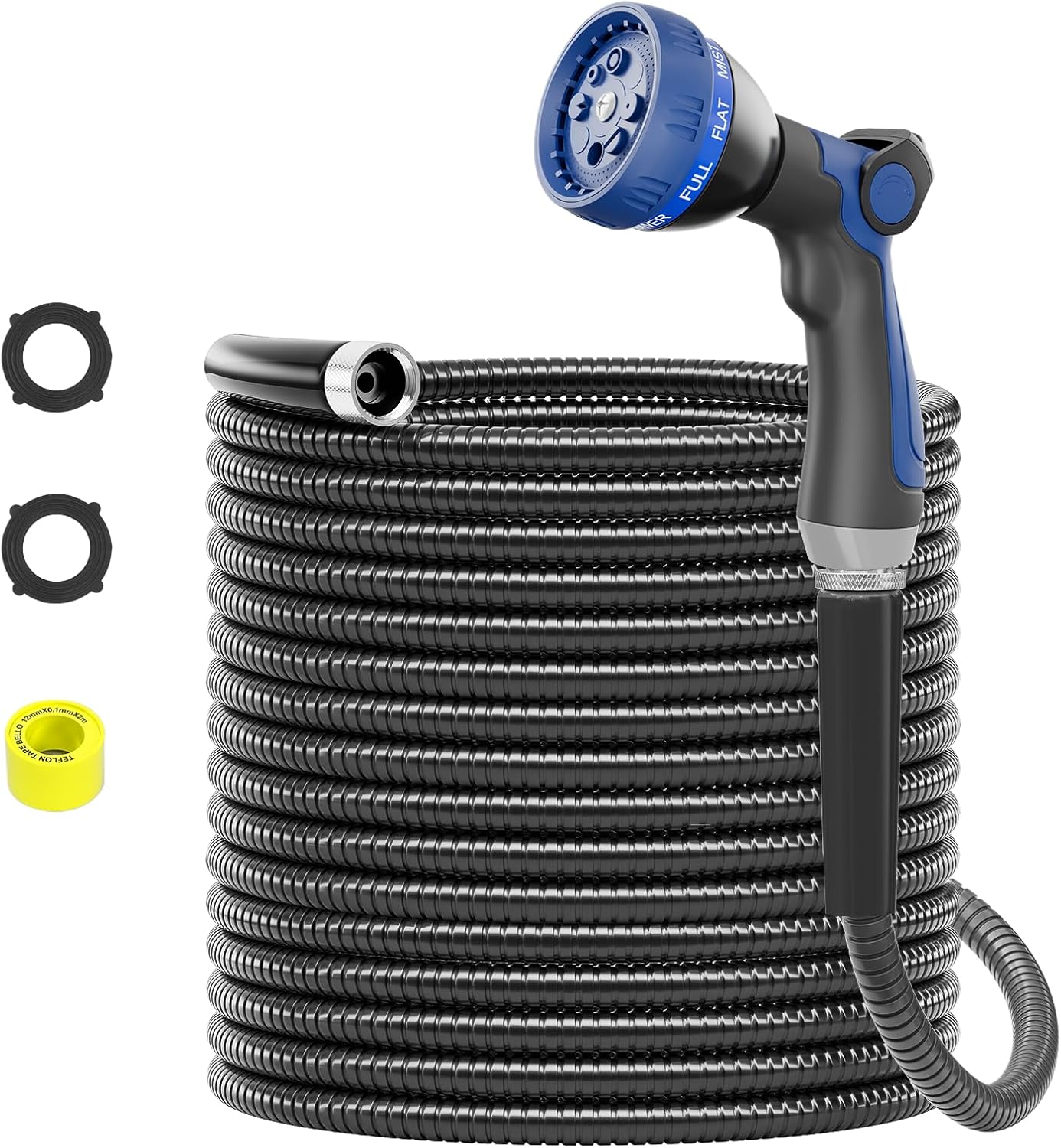 SPECILITE 75ft 304 Stainless Steel Garden Hose Metal, Heavy Duty Water Pipe with Nozzles for Yard, Outdoor - Flexible, Never Kink & Tangle, Puncture Resistant (Black)