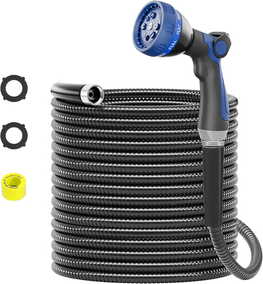SPECILITE 75ft 304 Stainless Steel Garden Hose Metal, Heavy Duty Water Pipe with Nozzles for Yard, Outdoor - Flexible, Never Kink & Tangle, Puncture Resistant (Black)