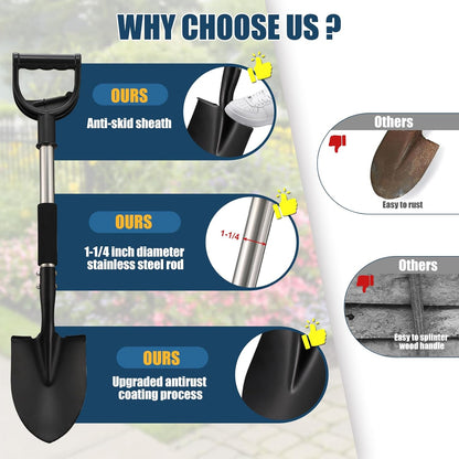 Multi-Task Small Shovel 31" - D-Handle Ergonomic Design for Raised Garden Beds, Outdoor Compact Spaces & Family Camping (Rustproof & Ultra-Light), Silver