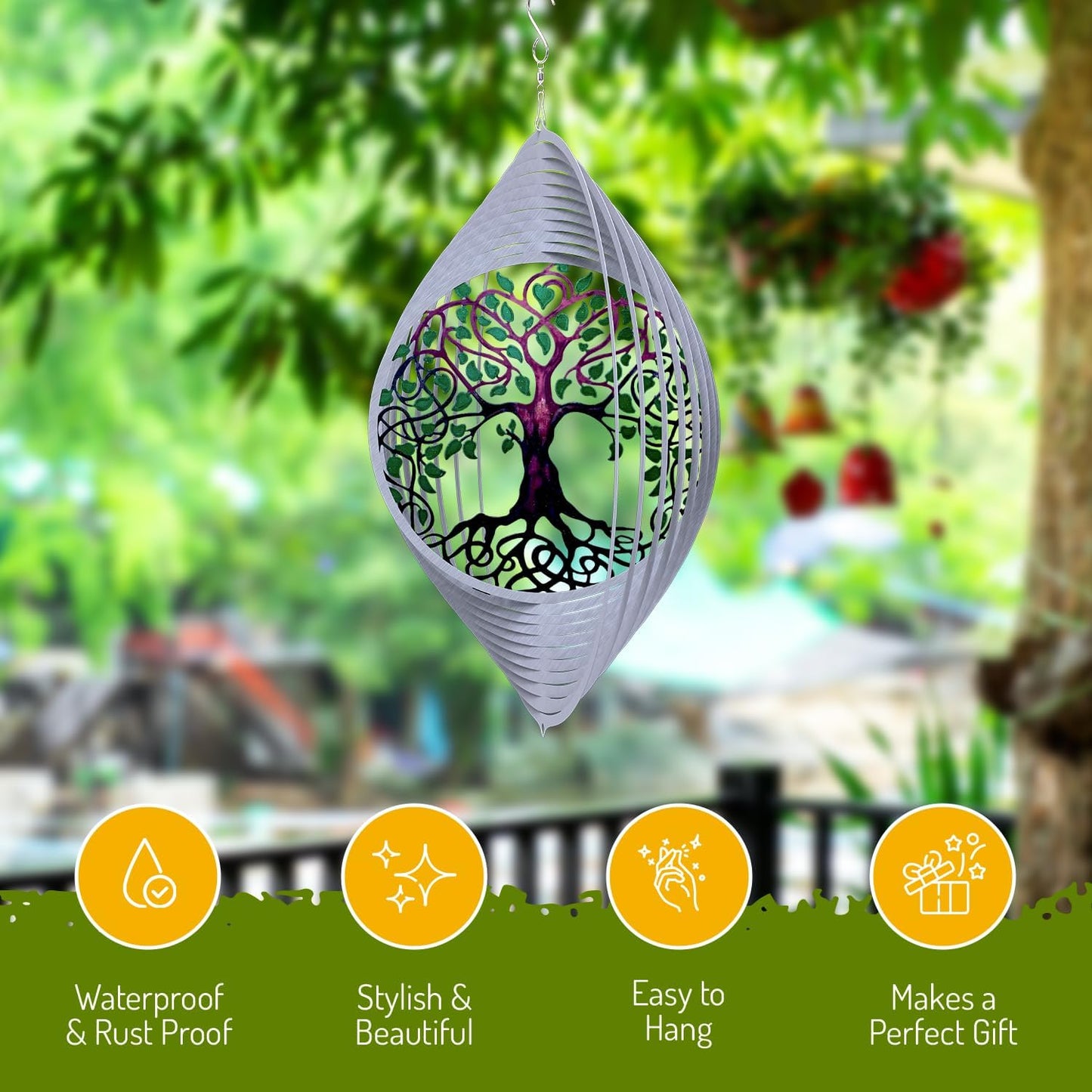 ISEO Tree of Life Wind Spinner for Yard and Garden, Hanging Outdoor Decor, Yard Art, Porch and Patio Decorations, Metal Wind Spinners Outdoor, Weather Resistant, 6.5”
