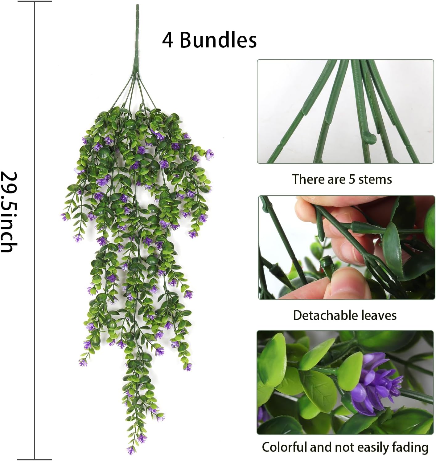RECUTMS Artificial Hanging Plants 4 Pack Faux Eucalyptus with Flowers Fake Ivy Vine Leaf Plastic Greenery for Wall House Garden Wedding Indoor Outdoor Decoration Purple