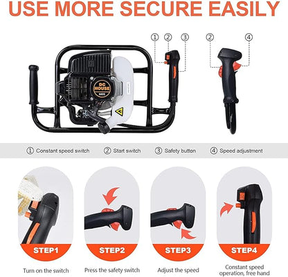 DC HOUSE 52cc 1800W Gas Powered Earth Auger EPA Certified Post Hole Digger, with 2 Drill Bits 6" 10", Mixing Ratio 30:1, for Fence, Farmland and Garden