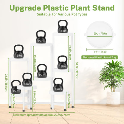 iDavosic.ly 8 Tier Folding Plant Stand Indoor Outdoor with Plastic Tray, Tiered Corner Flower Holder Shelf, Metal Orchid Display Rack for Patio Porch Living Room Garden Balcony, White