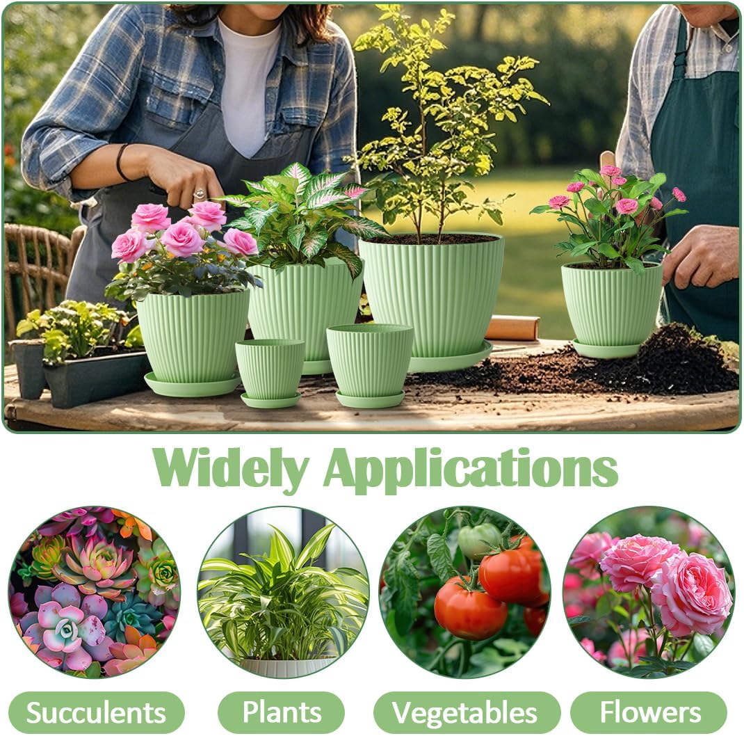 7.5/6.5/5.5/4.9/4.2/3.5 Inch Plant Pots with Saucers & Drain Holes - Indoor/Outdoor Flower Pots for Succulents, Herbs, Cactus - Modern Lightweight Durable Planter Set, Green