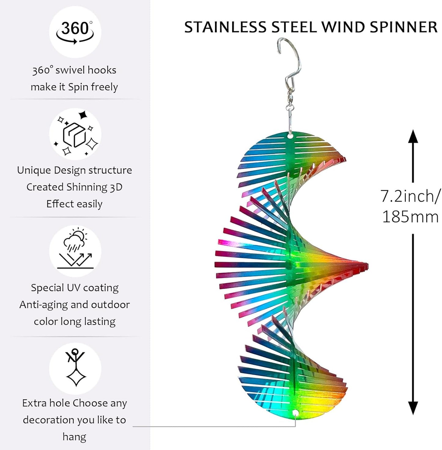 Rainbow Wave Wind Spinners Outdoor Hanging Decor,7In Stainless Steel Reflective Wind Spinner Yard Art Wind Sculpture,Rainbow Helix Mini Wind Spinners for Yard and Garden Ornaments Gifts