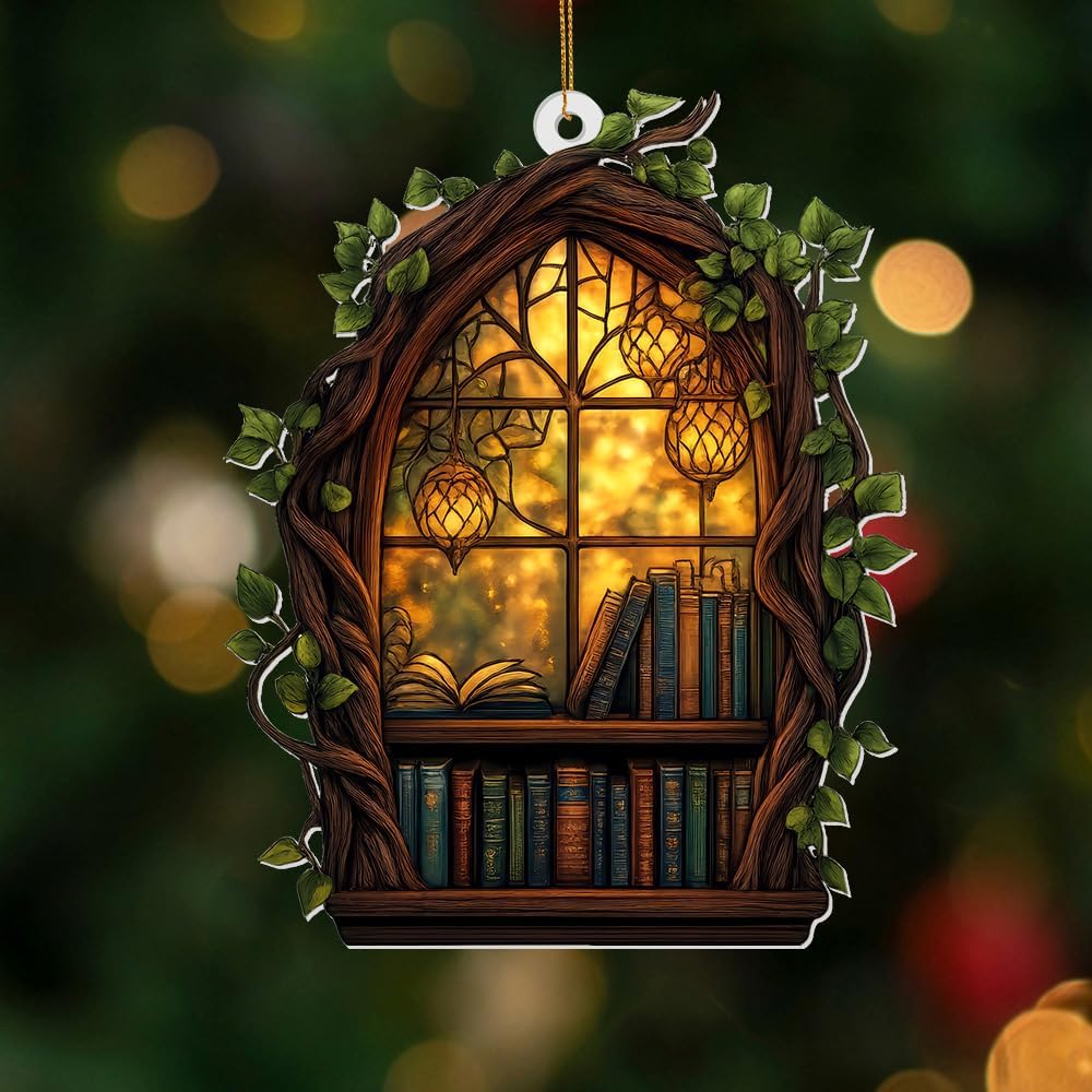 Gothic Window Book Ornament – Stained Glass Style Acrylic Christmas Ornament with Books & Ivy, Fantasy Home Décor, Book Lover Gifts for Women, Teacher & Librarian Holiday Decoration(Sun-19)