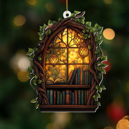 Gothic Window Book Ornament – Stained Glass Style Acrylic Christmas Ornament with Books & Ivy, Fantasy Home Décor, Book Lover Gifts for Women, Teacher & Librarian Holiday Decoration(Sun-19)