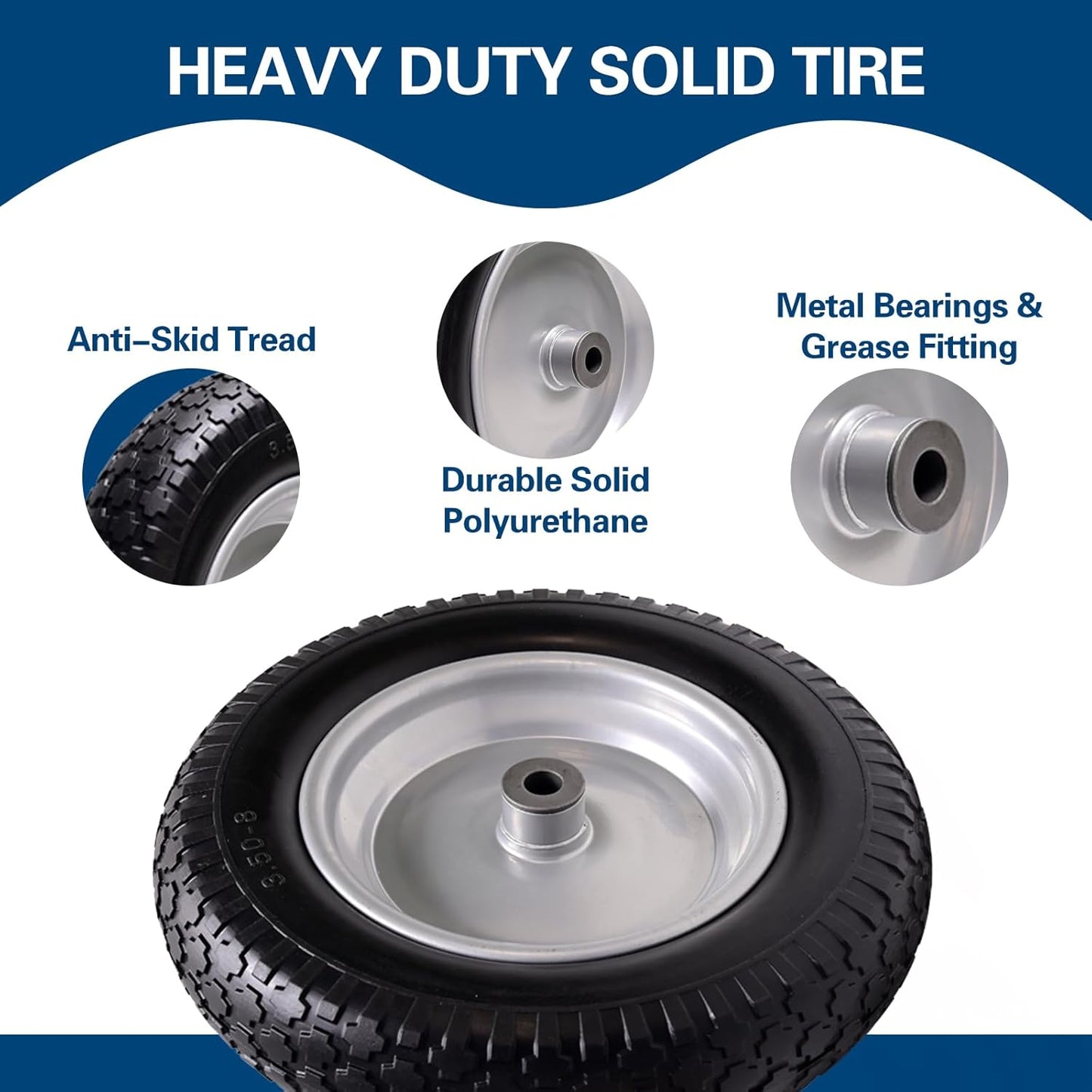 4.80/4.00-8 Tire, 14.5" Flat Free Wheelbarrow Tire and Wheel, 5/8" 3/4" Bearings Solid Replacement Tires, 3" -7" Centered Hub, Universal Fit 3.50/3.00-8, 4.00-6 Trolley Dolly Go Kar, 1 Pack