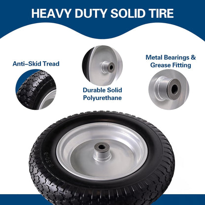 4.80/4.00-8 Tire, 14.5" Flat Free Wheelbarrow Tire and Wheel, 5/8" 3/4" Bearings Solid Replacement Tires, 3" -7" Centered Hub, Universal Fit 3.50/3.00-8, 4.00-6 Trolley Dolly Go Kar, 1 Pack