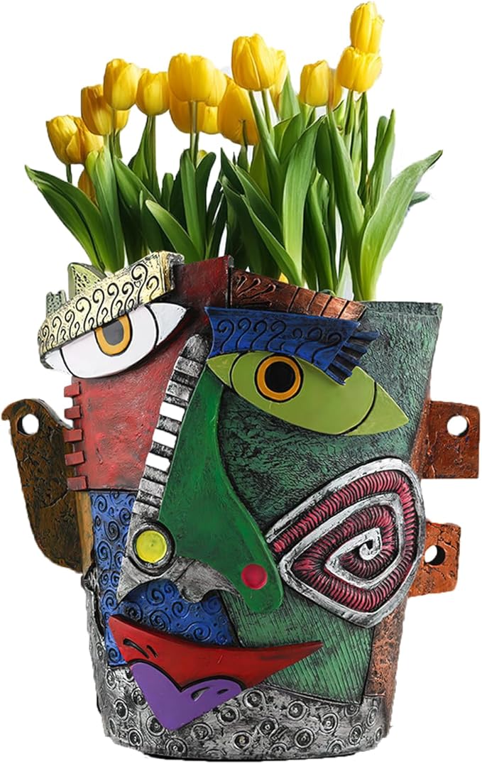 Picasso Brutalist Abstract Beauty Face Flower Pot Ornaments Abstract Face Flower Pots Abstract Head Planter Pots Container Colorful Face Art Abstract Resin Flower Pot (Picasso abstract flowerpot)