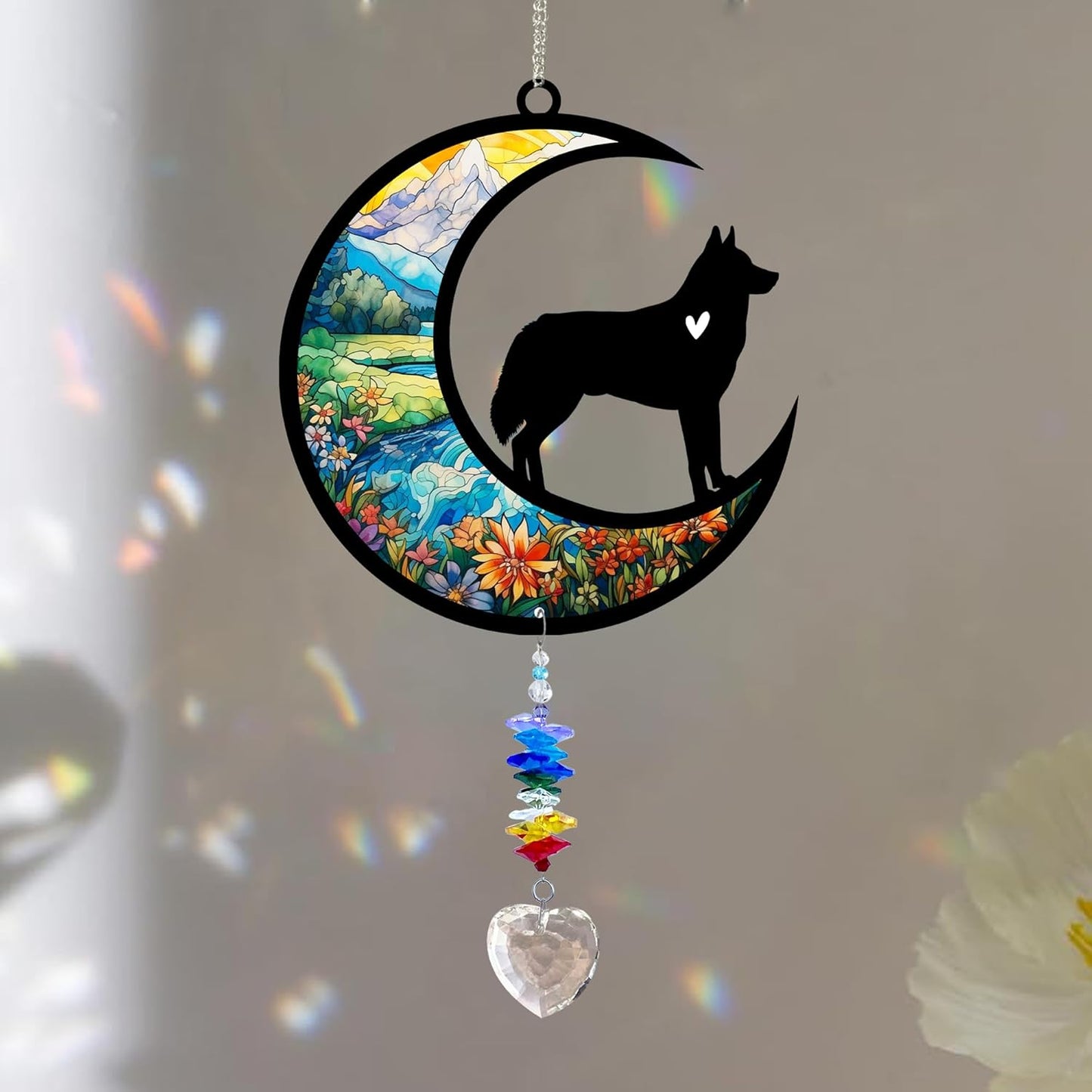 Husky Suncatcher, Personalized Pet Loss Gift with Name & Date, Heart-Shaped Crystal Sun Catcher, Dog Remembrance Sympathy Rainbow Maker for Window & Garden