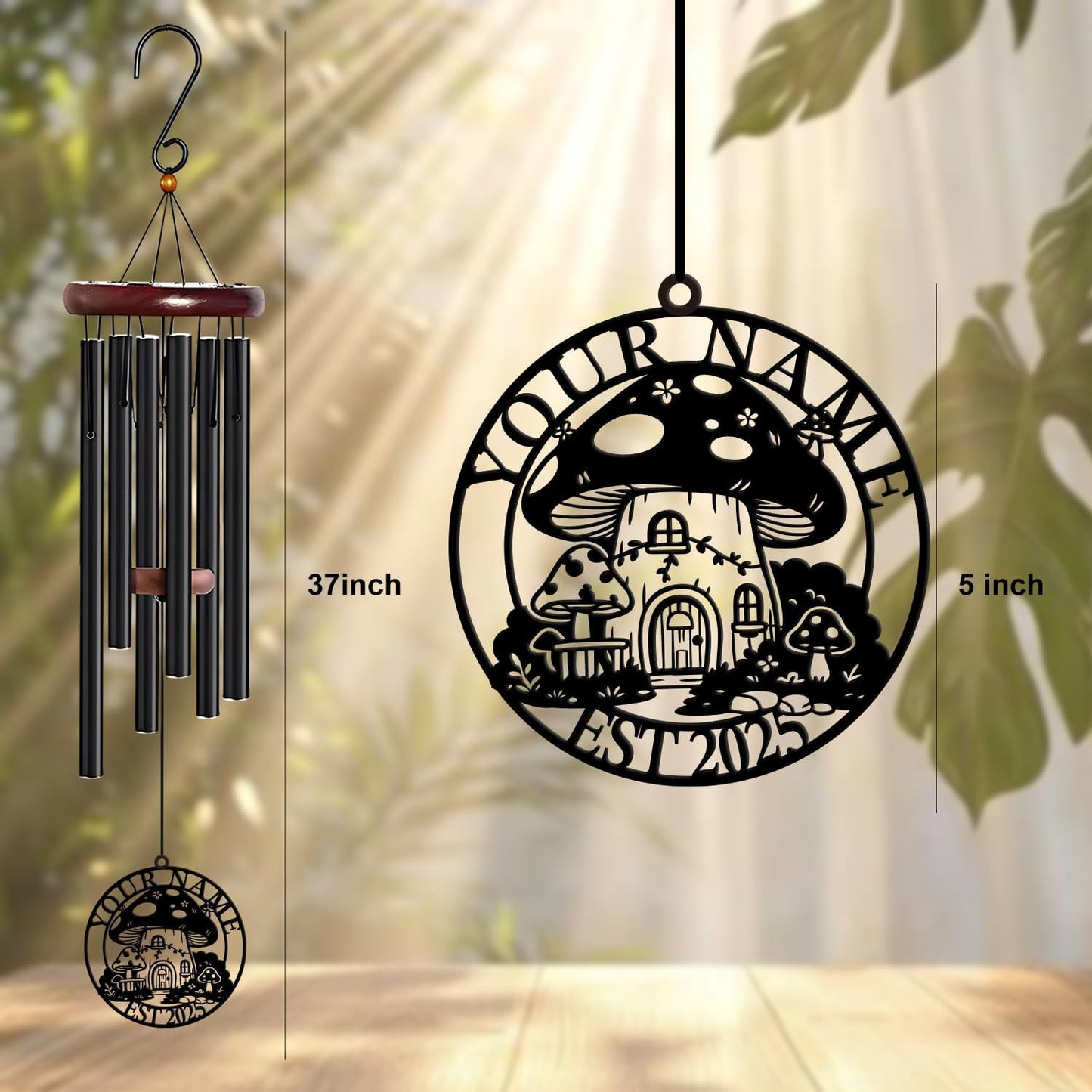 Personalized Customize Name Fantasy Mushroom Wonderland Wind Chime, Metal Iron 37 Inch Outdoor Memorial Gift for Garden Yard Patio Home Decor, Black (Style E)