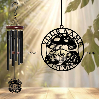 Personalized Customize Name Fantasy Mushroom Wonderland Wind Chime, Metal Iron 37 Inch Outdoor Memorial Gift for Garden Yard Patio Home Decor, Black (Style E)